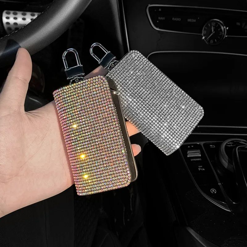 Square Shape Bling Glitter Key Case Girly Car Accessories Interior Decor Women Auto Supplies Pretty Keychain Universal Key Cover