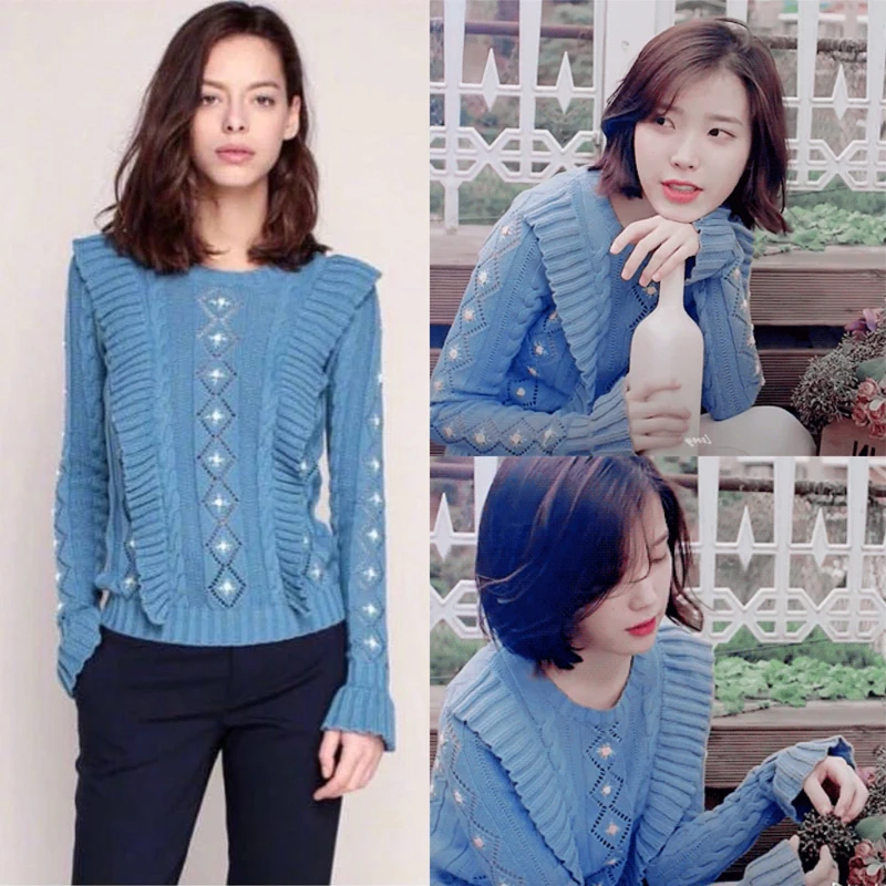 

Kpop IU Autumn Warm Cute Japanese Style Fashion Women O-neck Sweater Pullovers Blue Loose Knitted Jumper Flower Embroidery Tops