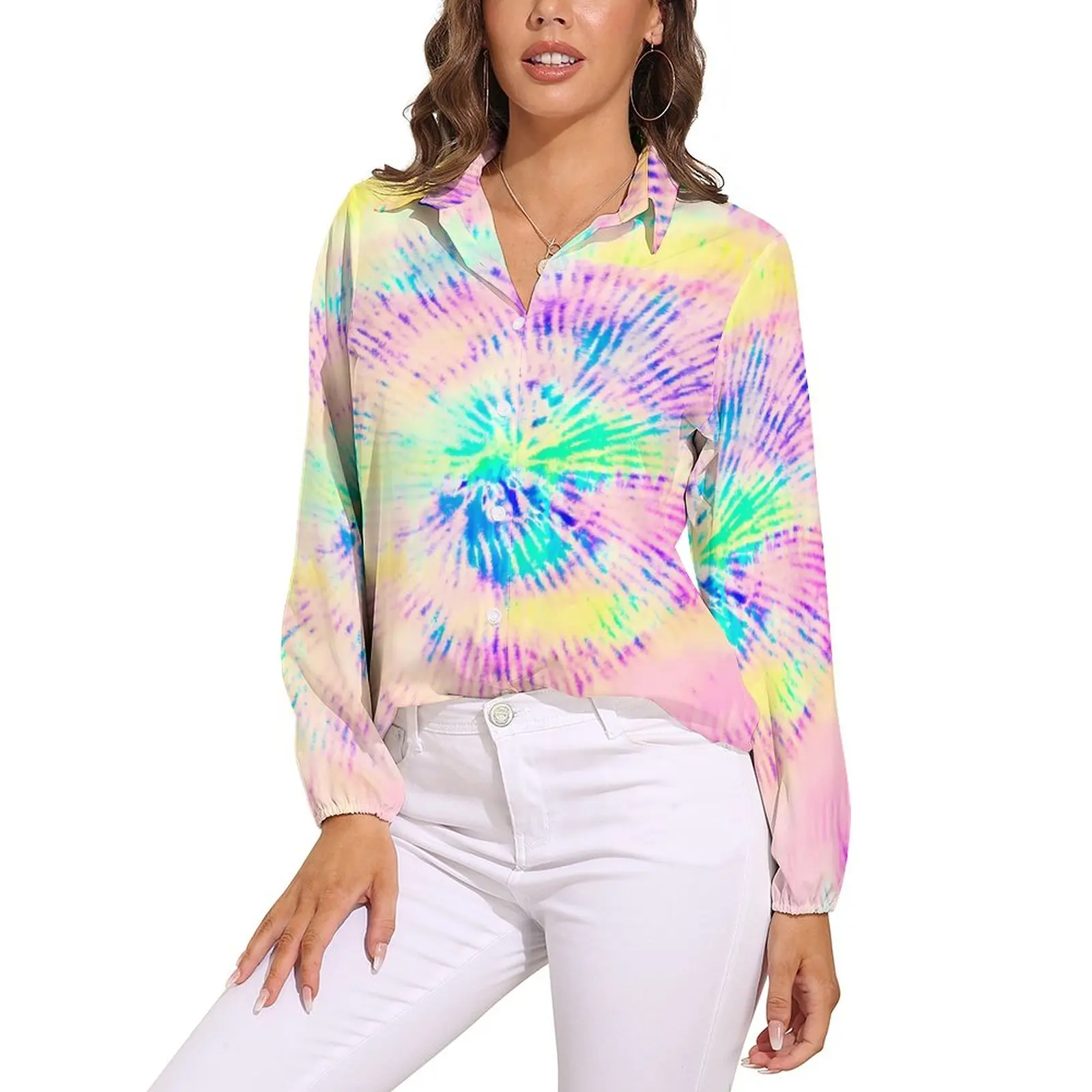

Neon Paint Print Blouse Women Colorful Tie-Dye Streetwear Loose Blouses Long-Sleeve Office Shirt Graphic Tops Big Size