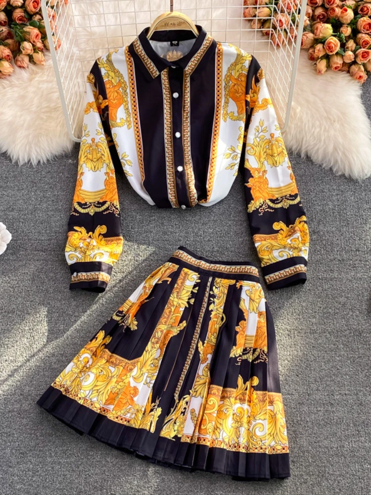 

Two Piece Set Baroque Print Button Down Shirt & Pleated Skirt Set Vintage Spliced Summer Blouse Matching Sets Dress Sets Skirts