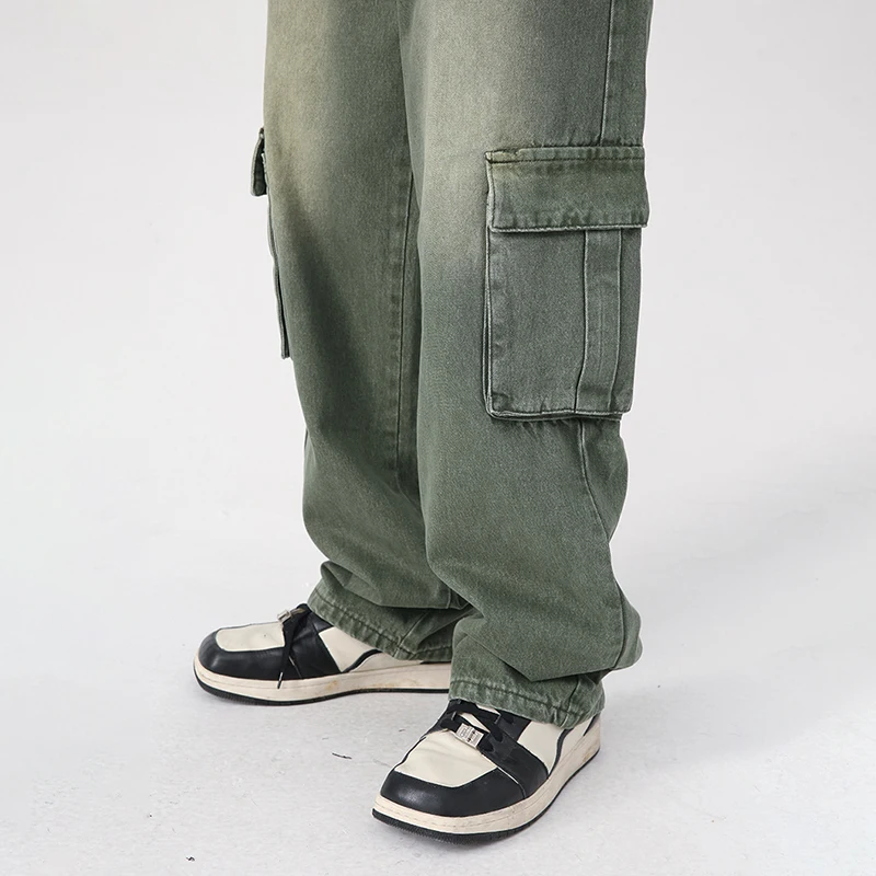 HOUZHOU Green Cargo Jeans Distressed Vintage Denim Trousers Male Wide Leg Pants Men Streetwear Retro Oversize Casual Hip Hop