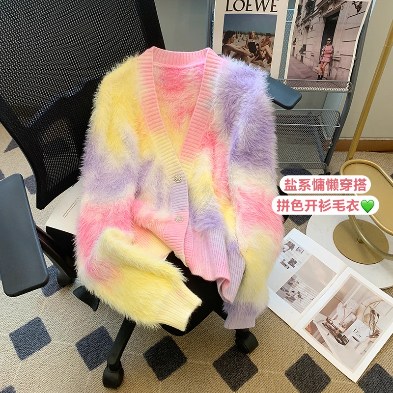 Korean Series Color Stripe Mink Hair Knit sweater Women 2024 Autumn and Winter New Idle Sle Thick Warm Outerwear Top