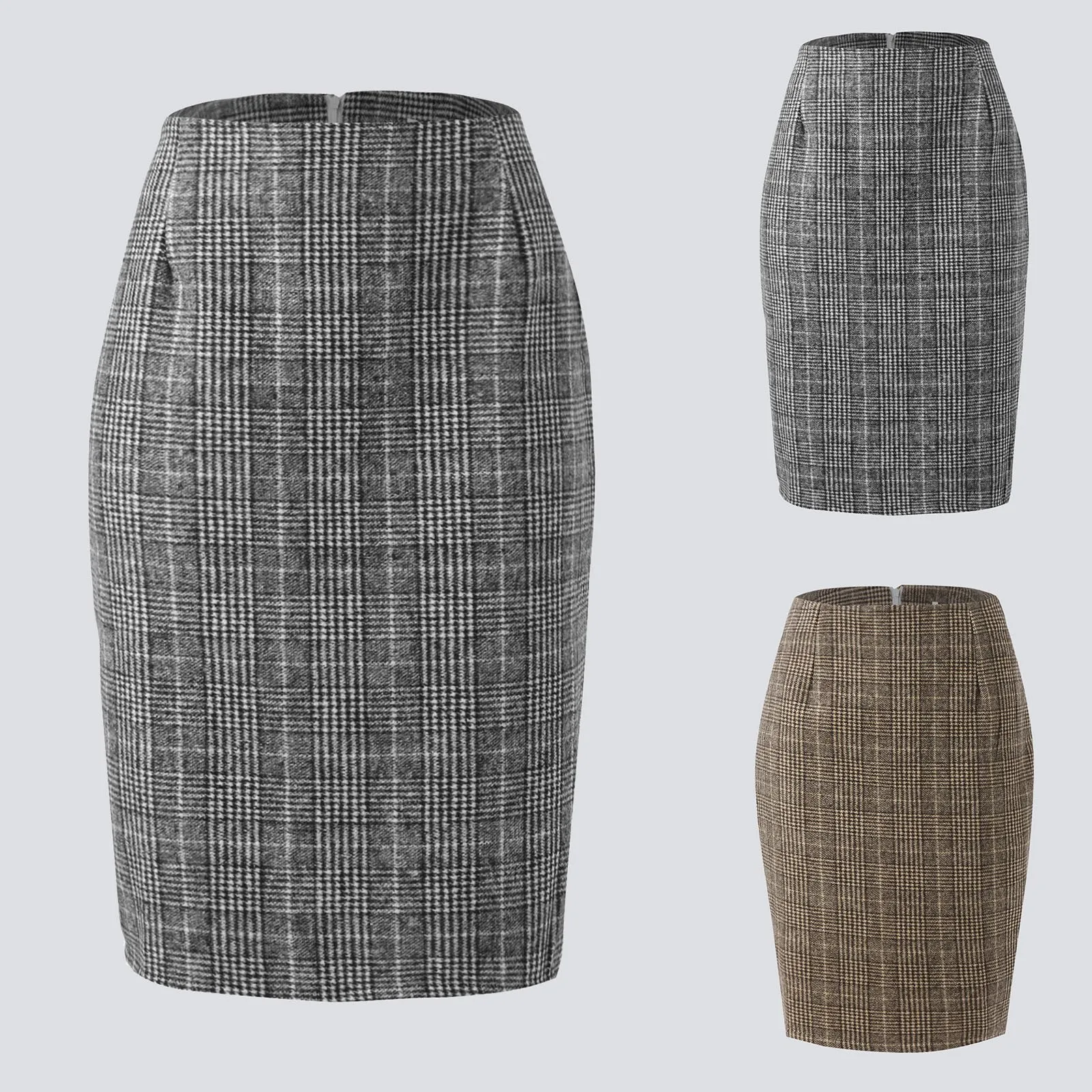 

Pencil Plaid Skirts For Women Fall Winter High Waisted Bodycon Knee Length Wool Midi Skirt With Slit Twill on Midi Skirt