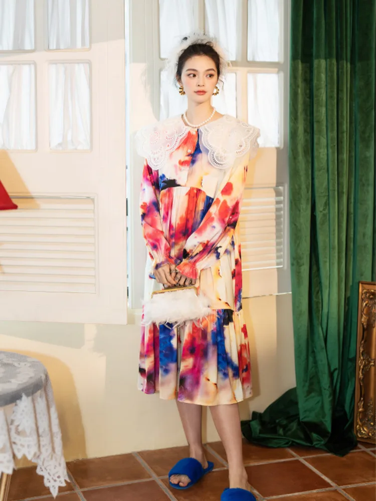 

TXii Sunset Evening Nightgown Spring and Autumn New Watercolor Dye Ice Silk Navy Collar Long Sleeve Pajamas Women's Dress