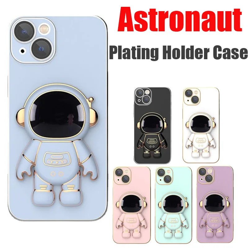 Plating Astronaut folding stand case For iphone 11 12 13 Pro Max x xr xs max 6S 7 8 plus lens SE Camera protector silicone cover