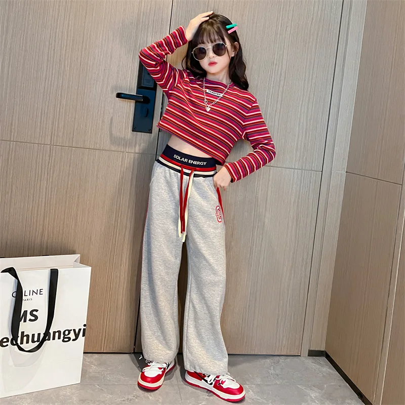 

Комплект одежды для девочек 8-10 лет, на весну и осень, комплект одежды для подростков с длинным рукавом, топы в полоску, штаны, Модные Повседневные детские костюмы из 2 предметов