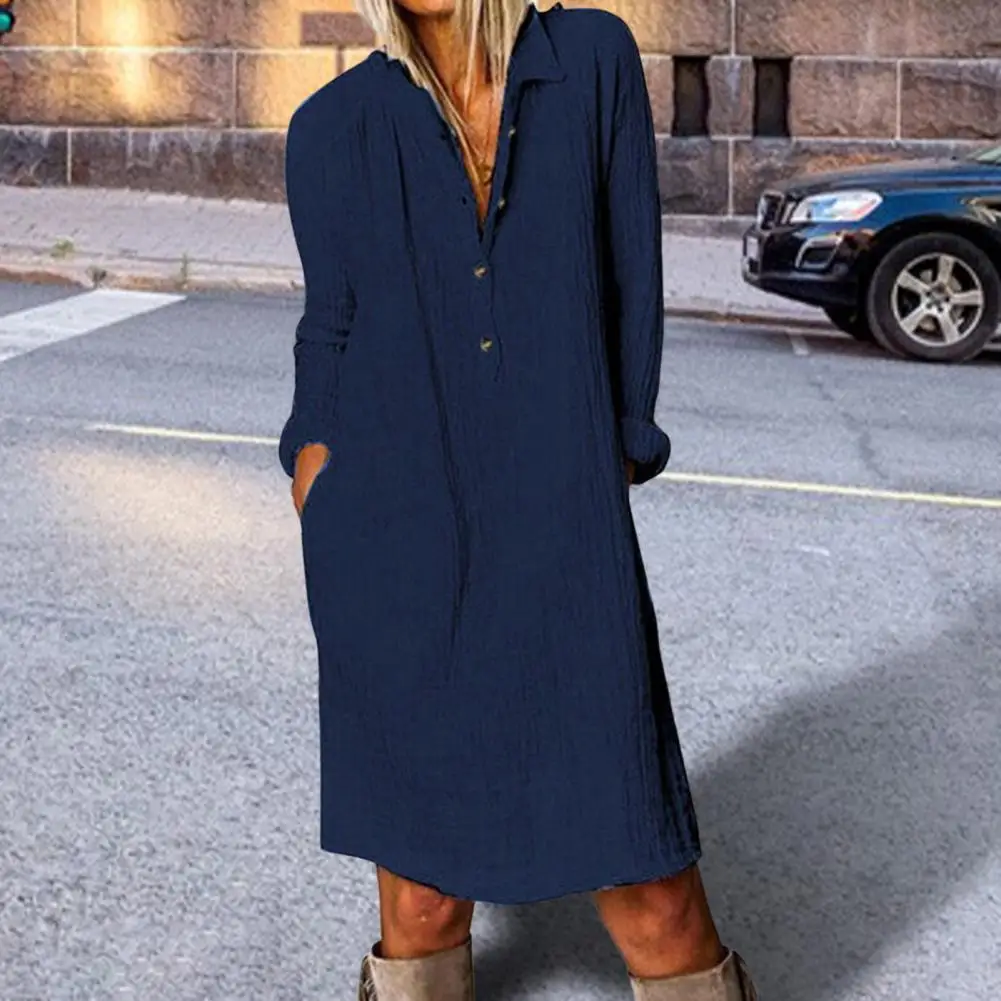 

Trendy Lady Dress Loose Casual Women Dress Turn-down Collar Autumn Dress