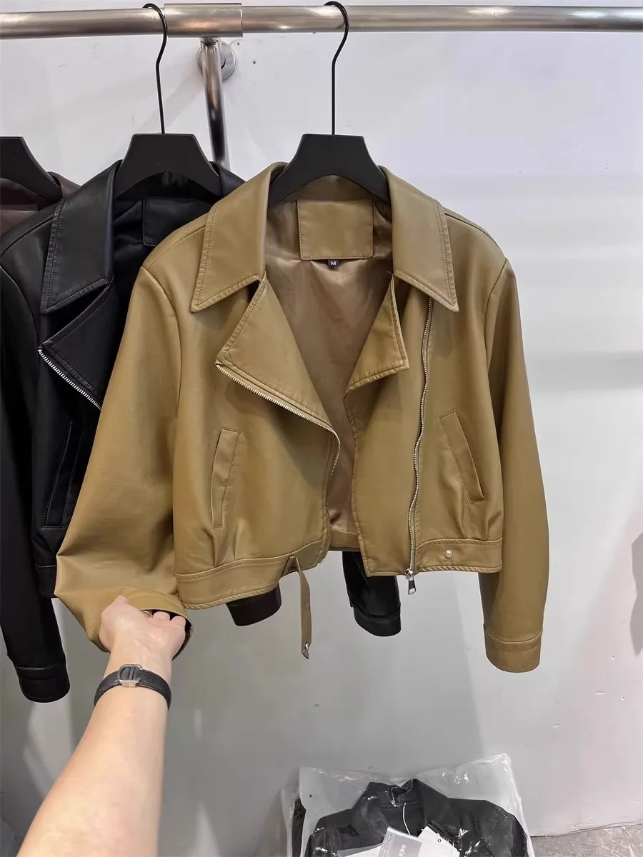 Черное короткое кожаное пальто Верхняя одежда Женская весна и осень Новая