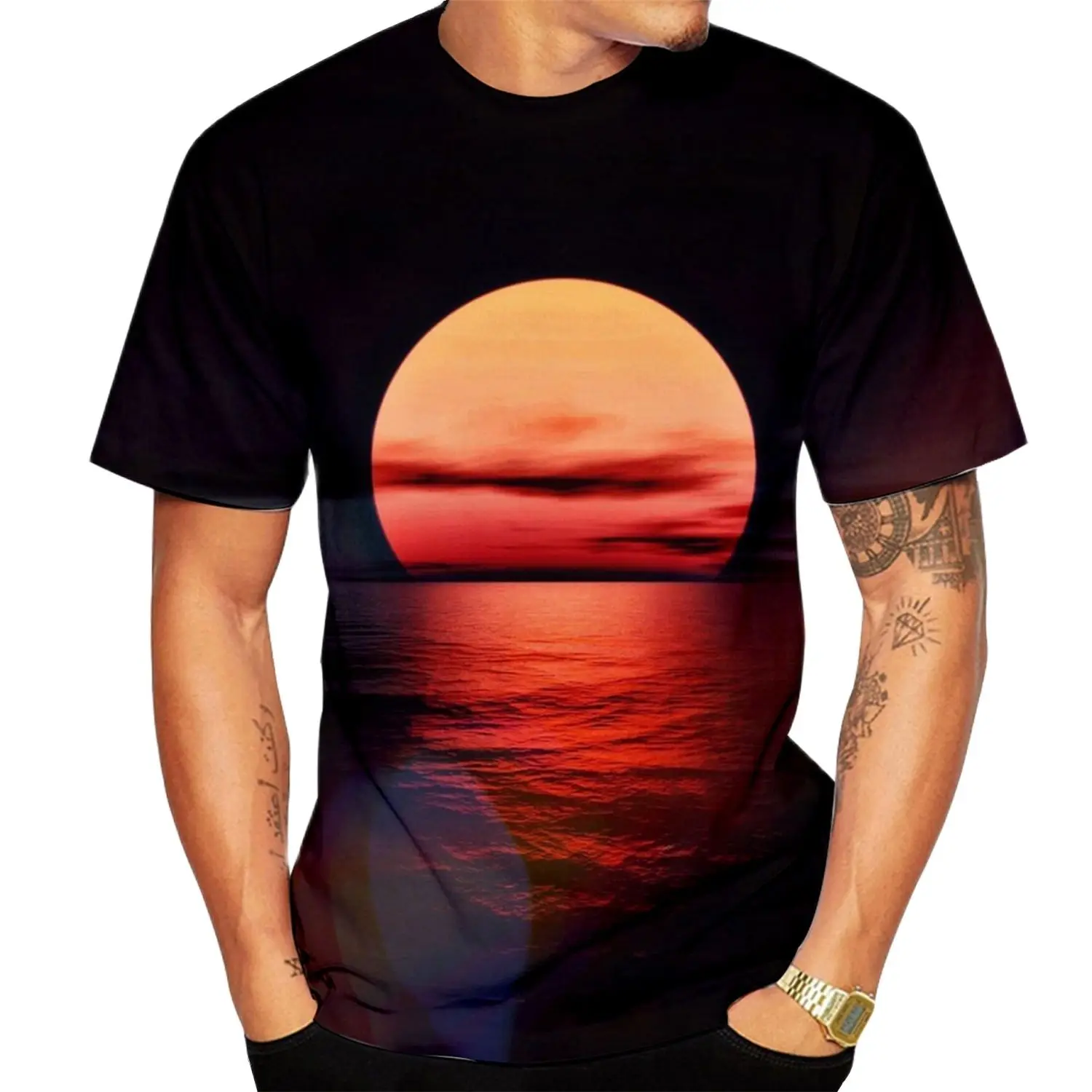 

Summer Men and Women's 3D Printed T-shirt with Sunrise and Sunset Patterns, Casual, Breathable Short Sleeves, Polyester Fiber.