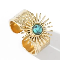 gold wide ring bohemian natural turquoise stone stainless steel rings for women men statement open ring luxury elegant jewelry
