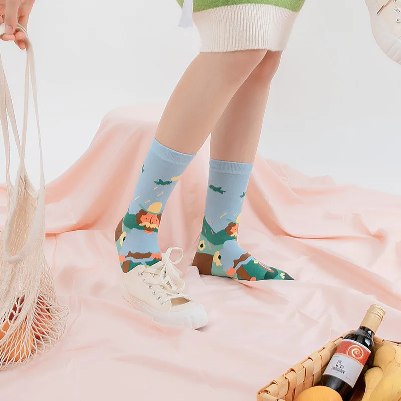 Men Women Socks  Cute Series Korean Harajuku Cartoon Funny Women Happy Cotton Cool Middle Tube Socks Boys Girls socks 5/Lot