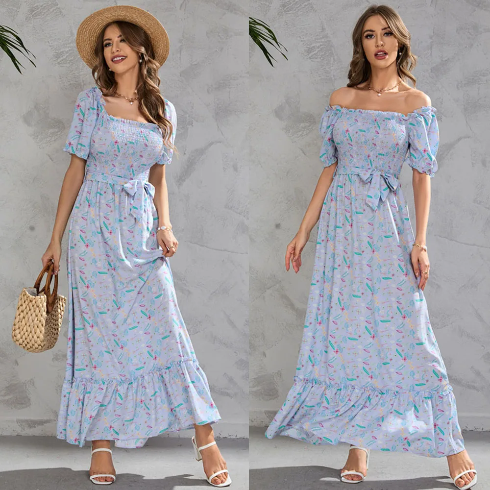 

Short Puff Sleeve Floral Print Bohemian Party Women Summer Dress Square Collar Long Maxi Dresses Sexy Vestidos Sundress Holiday