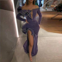 purple evening dress ruffles deep v neck beads crystals long sleeves floor length high side slit robes de soir%c3%a9e customised