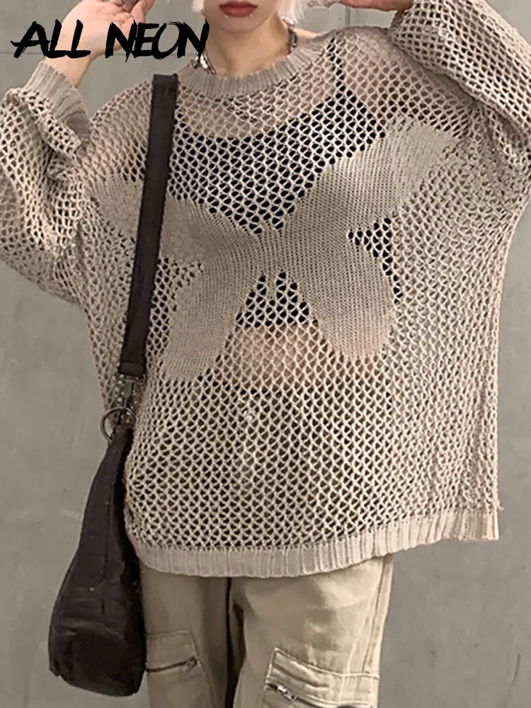

ALLNeon Goblincore Aesthetics 90s Butterfly Print Oversized Knitted Pullovers Y2k Indie Vintage O-neck Long Sleeve Crochet Tops