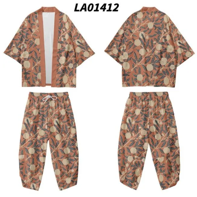 2PCS Men Kimono Robe&Pajamas Sets Print Casual Loose Spring Summer Sleep Suit 3/4 Sleeve Robe Shorts Shirts Oversize Home Wear