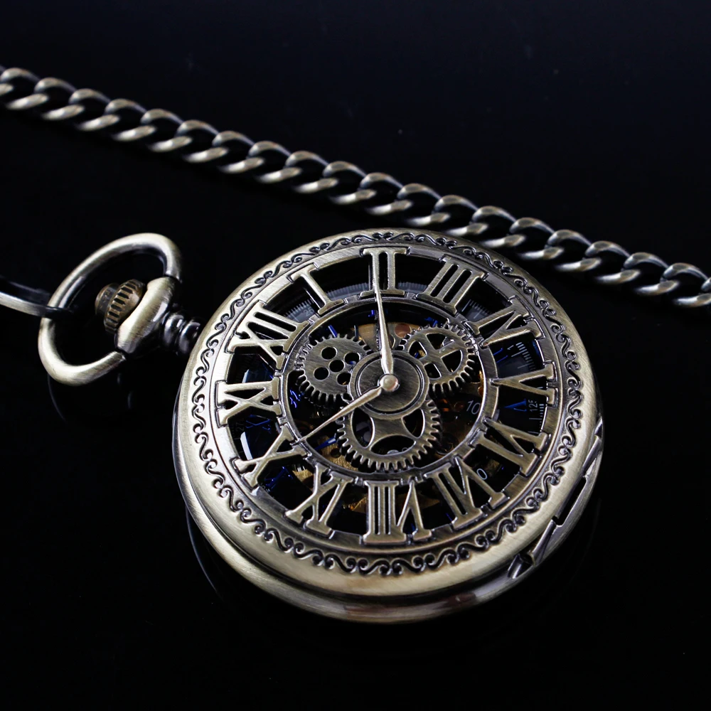 Antique bronze gear hollow mechanical manual pocket watch blue Roman digital skull dial pendant automatic antique clock
