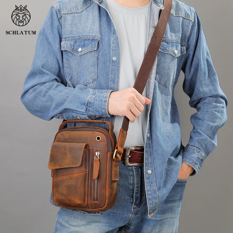 SCHLATUM Genuine Leather Vintage Men Bags  Shoulder Bag For Mens Business Messenger Crossbody Bag Male Fashion Casual Handbag