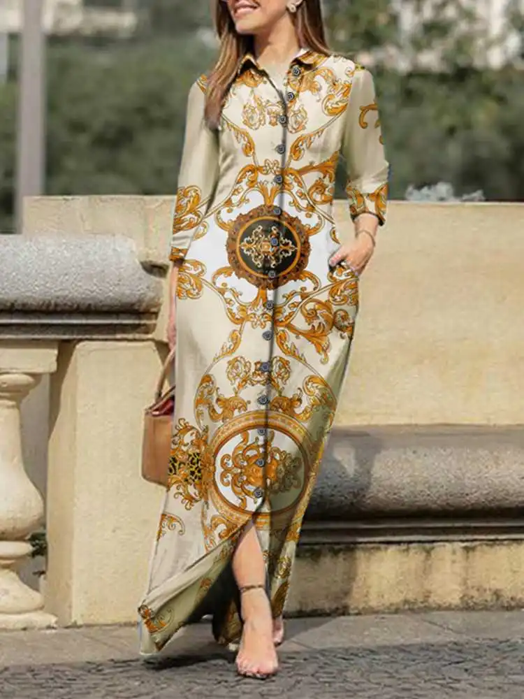 

VONDA Bohemian Printed Maxi Dress 2023 Summer Sundress Women Vintage Loose Buttons Casual Turn Down Neck Elegant Party Vestidos