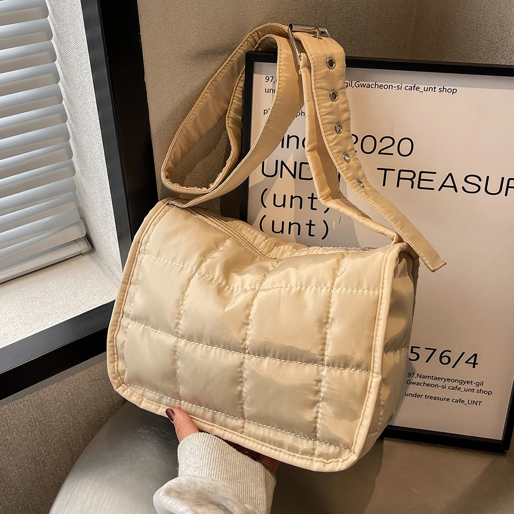 

Fashion Women Shoulder Bags Winter Quilted Cotton Padded Crossbody Bag Wide Strap Messenger Handbag Female Shopping Bag Purse