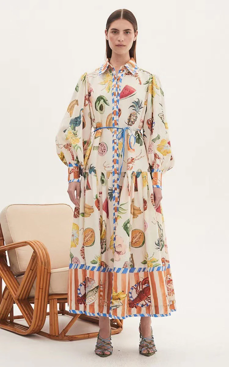 

Spring/Summer New round neck bubble sleeve patchwork fruit print A-line Large skirt hem dress Holiday Style Casual long skirt