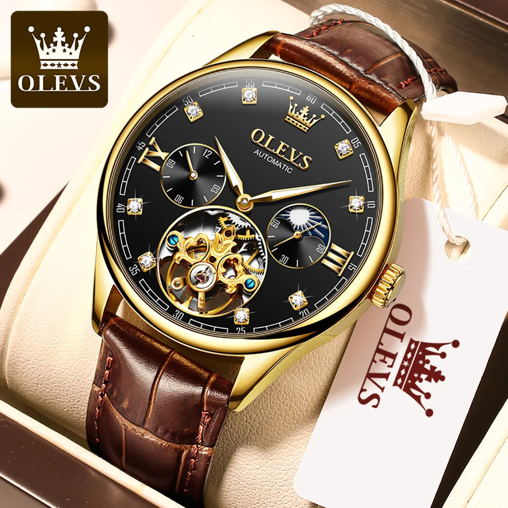 

OLEVS 3601 Fashion Genuine Leather Strap Watch for Men Waterproof Tourbillon Automatic Mechanical Men Wristwatches Luminous