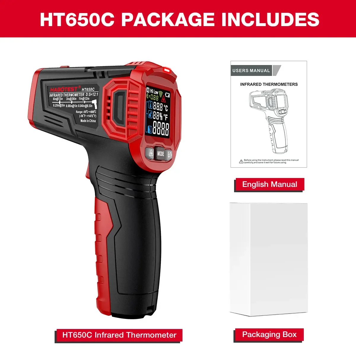 

HABOTEST HT650 Цифровой инфракрасный лазерный датчик температуры Бесконтактный промышленный лазерный измеритель температуры Тестер температуры