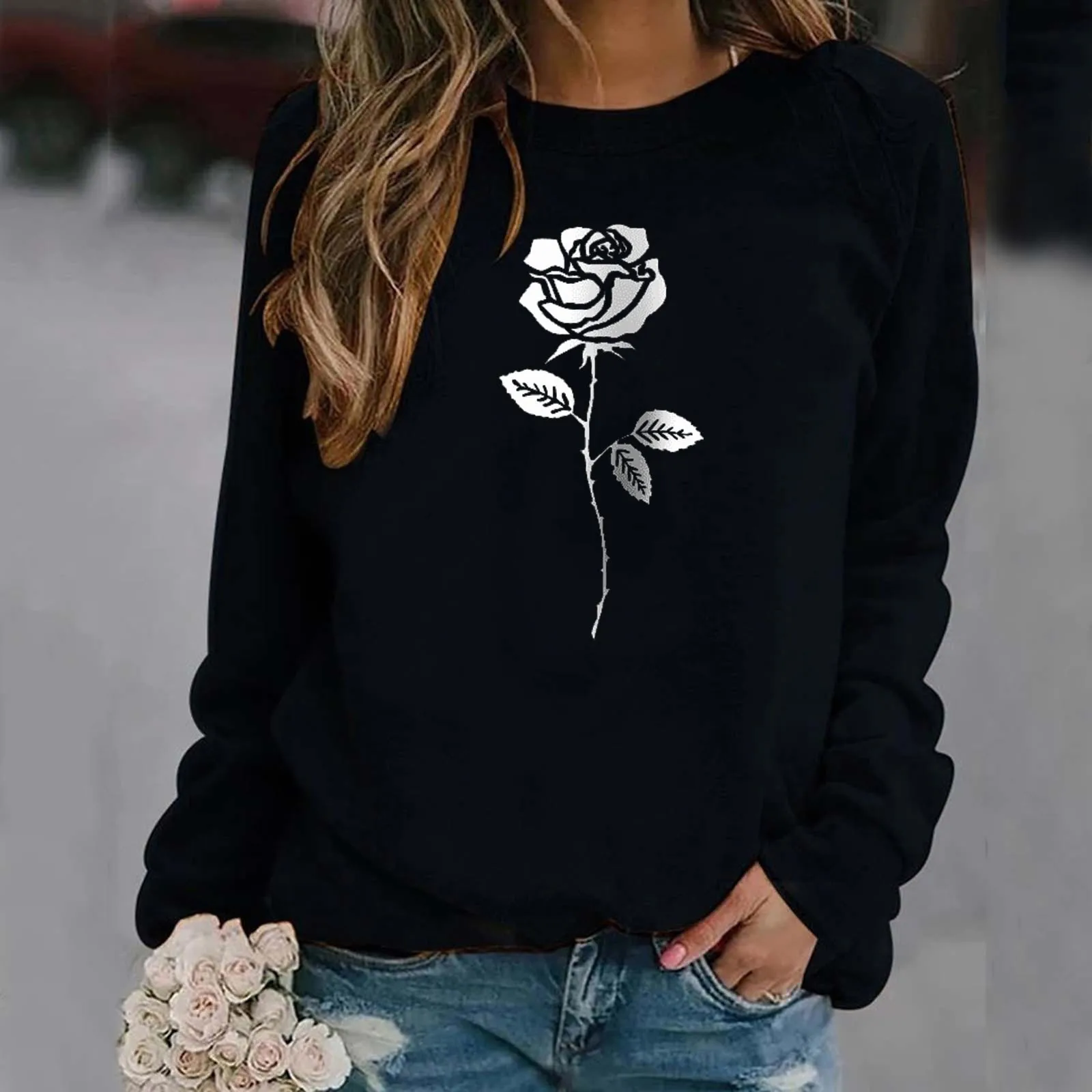 

Black White Rose Print Vintage Sweatshirt Spring Women Pullover Sweatshirts Harajuku O-neck Long Sleeve Pullovers Blouse Tops