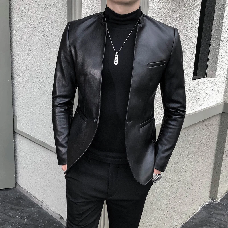 Erkek PU Faux deri ceket ceket iş rahat yılan cilt tarzı ince takım elbise Blazer ceket siyah erkek giyim