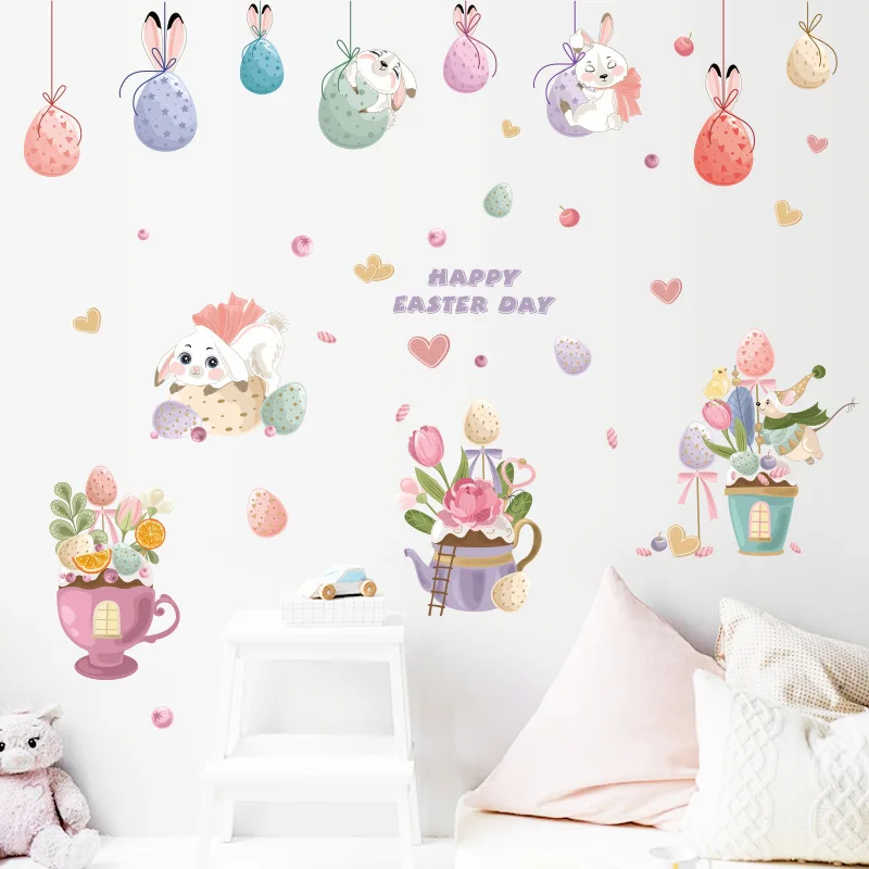 

70cm Easter Cartoon Wall Sticker Egg Bunny Pendant Ornaments Window Background Decoration PVC Waterproof Removable Sticker