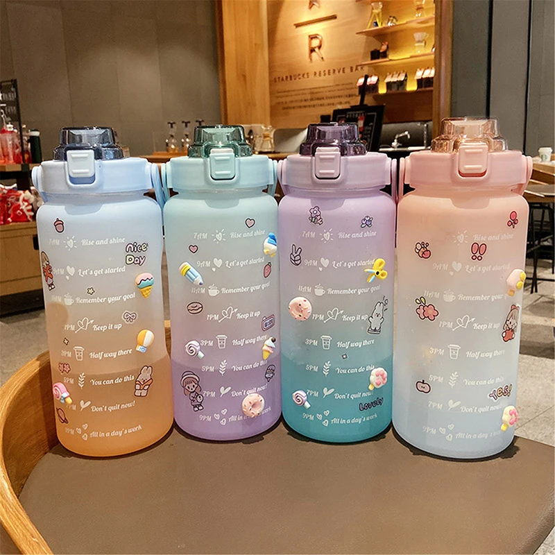

2L Capacity Couple Cup Straw Cup Time Scale Water Bottle Plastic Water Cup Large Student Frosted High Temperature Outdoor Sports