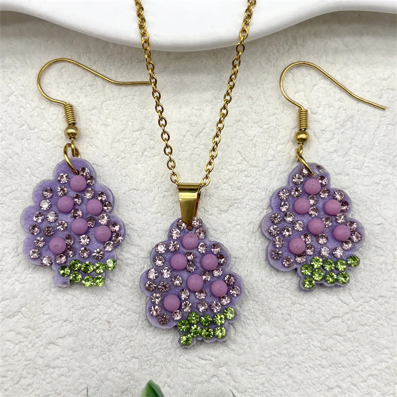 Фиолетовые кристаллы виноград кулон ожерелье серьги комплект для женщин кожаные