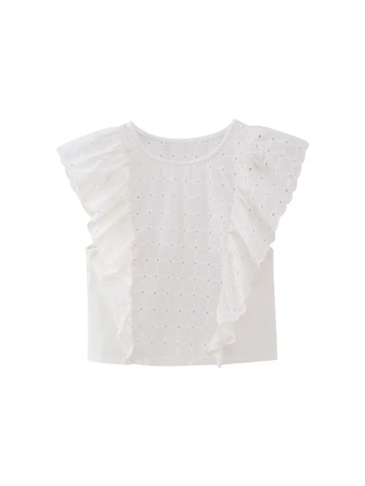 

2023 Women Summer Blouses Shirts Tops Fashion Sweet Ruffles O-Neck Sleeveless Female Elegant Street Top Clothing