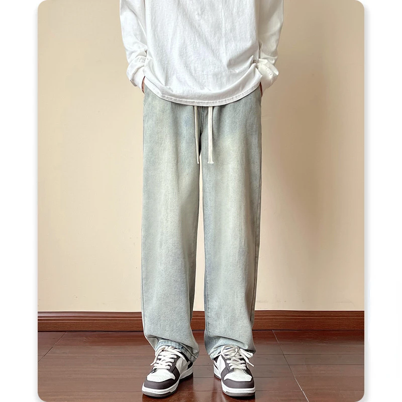 Mens Jeans  American High Street Wide-leg Fashion Brand Elastic Waist Drop Loose Straight Pants for Men