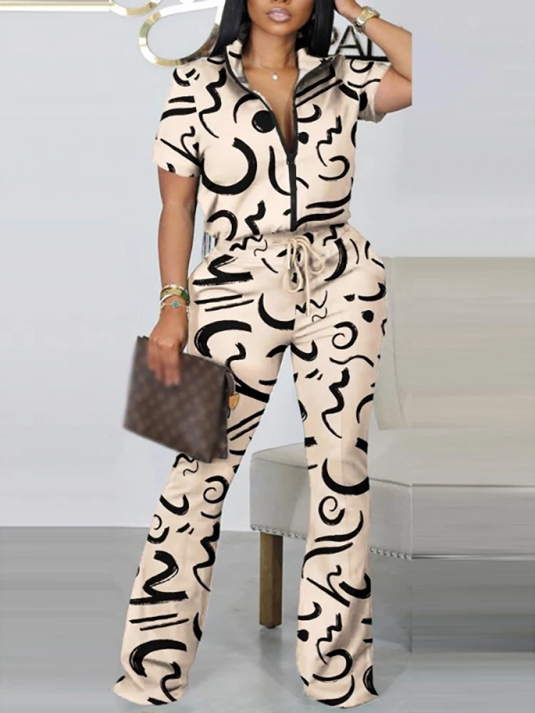 

Apricot Casual Print Patchwork Zipper Collar Short Sleeve Floral Two Pieces Sets Top Pants Suits Outfits Women Sets