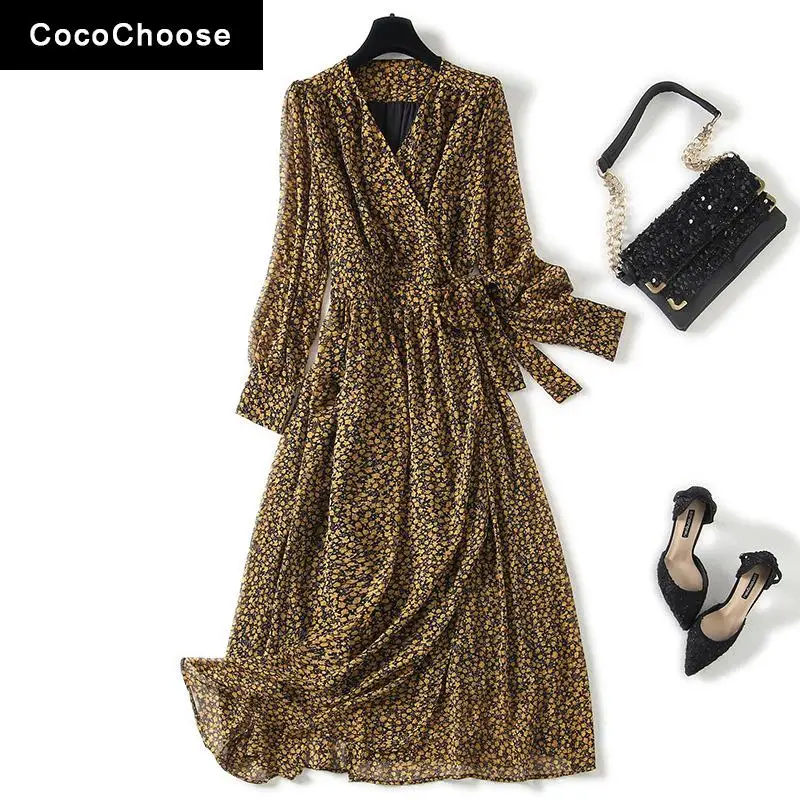 

Elegant Women One Piece Wrap Dress Spring Summer 2022 Designer Fashion Floral Chiffon Long Sleeve Kimono V-neck Midi Dresses