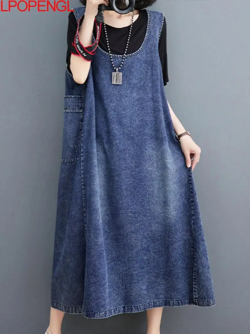 

Denim Strap Dress For Women 2023 New Summer Oversize Vintage Art Sleeveless Mid Length A-line Dress