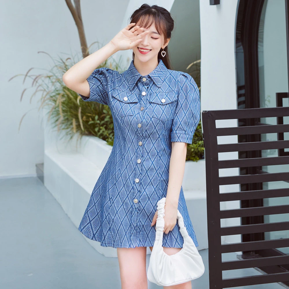 

Fashionable new puff sleeve single breasted slim denim dress