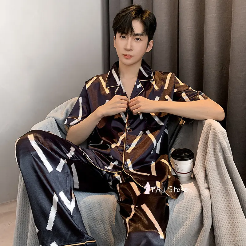 Men Sleepwear Silk Satin Pijama Set Pajama Sets Short Sleeve Sleep Home Clothes Man 2 Pieces Sets Home Suits Pyjamas L-5XL