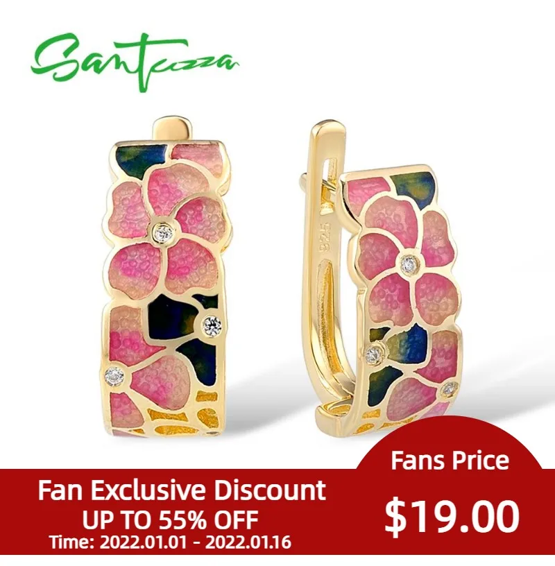 

SANTUZZA Silver Earrings For Women 925 Sterling Silver Stud Flower Earrings Gold Color Cubic Zirconia brincos Jewelry Enamel