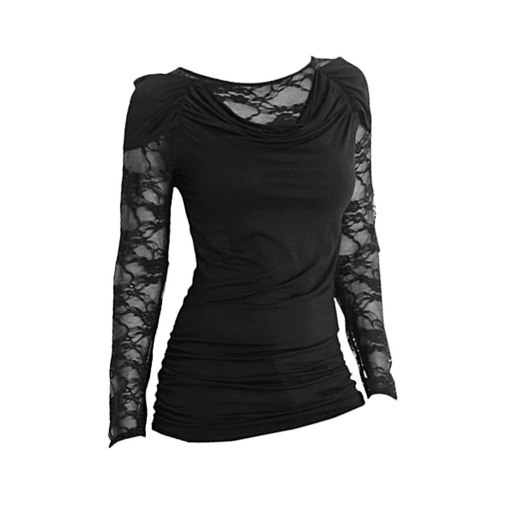 

Dressfo Осенняя кружевная нижняя рубашка для женщин прозрачная Цветочная кружевная панель футболка с воротником-хомутом с рюшами Повседневна...
