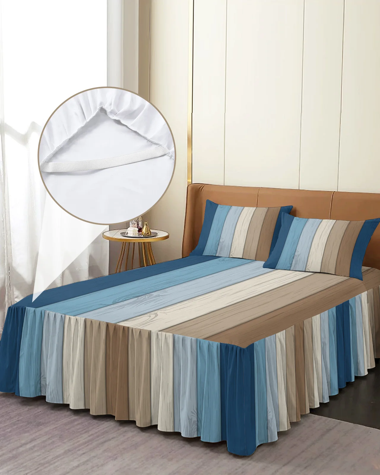 

Retro Gradient Wood Grain Bed Skirt Elastic Fitted Bedspread With Pillowcases Bed Protector Mattress Cover Bedding Set Bed Sheet