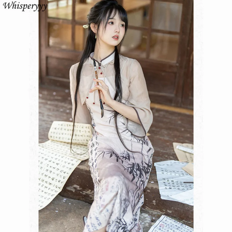 

Новинка лета 2023, классическое Новое китайское улучшенное платье Ципао в китайском стиле с чернильным принтом, винтажное женское платье Ципао