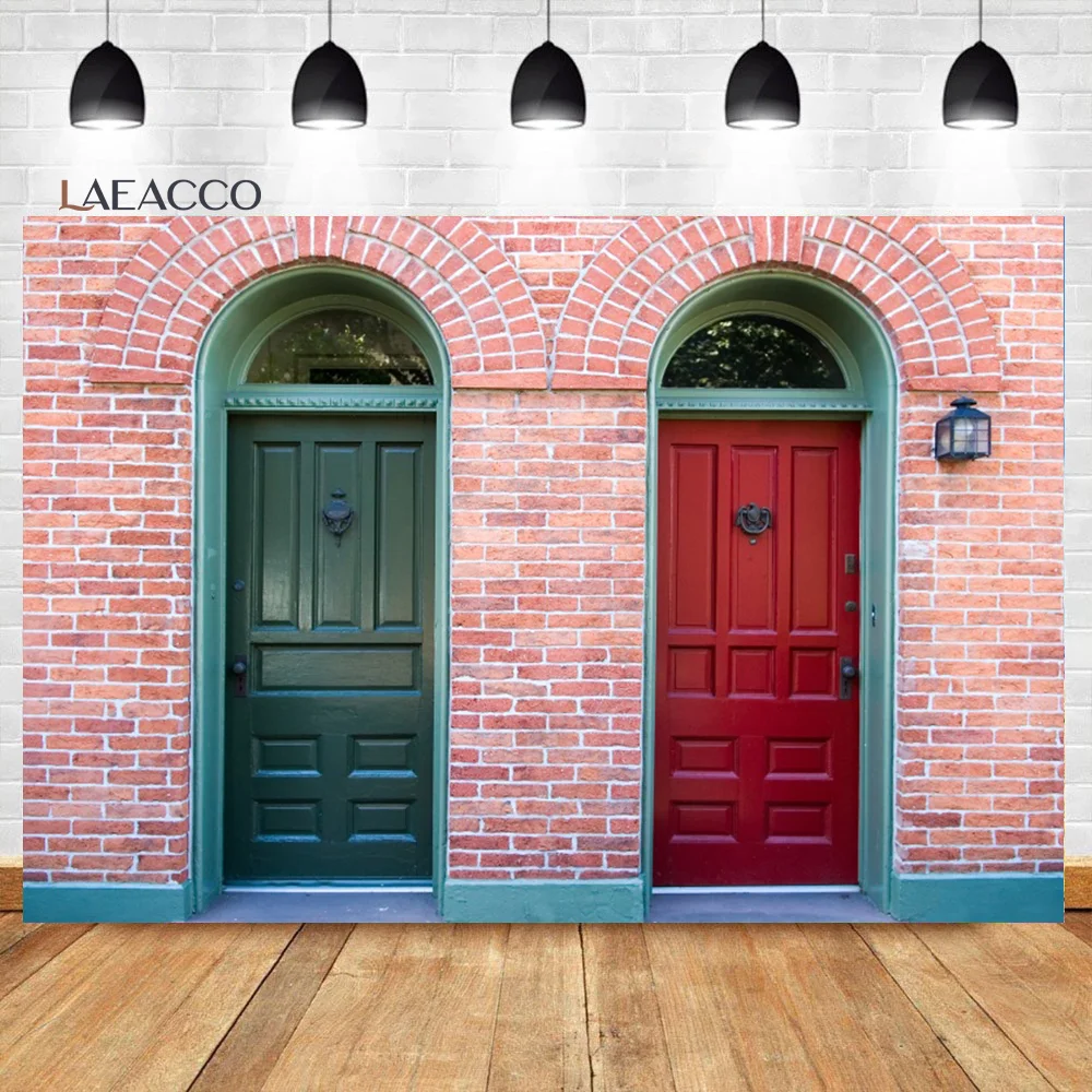 

Laeacco Vintage Wooden Door Photography Backdrop Faded Green And Red Retro Door Brick Wall Kids Adults Portrait Photo Background