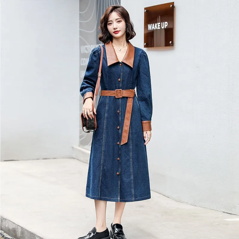 

Denim Dress With Belt Women Body Single-breasted Long Dress A-line Cheongsam Spring Autumn Vintage Puff Sleeve Dresses 2022 New