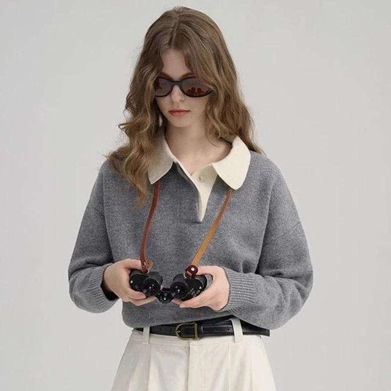 Осенний Новый контрастный пуловер с воротником-поло Универсальный