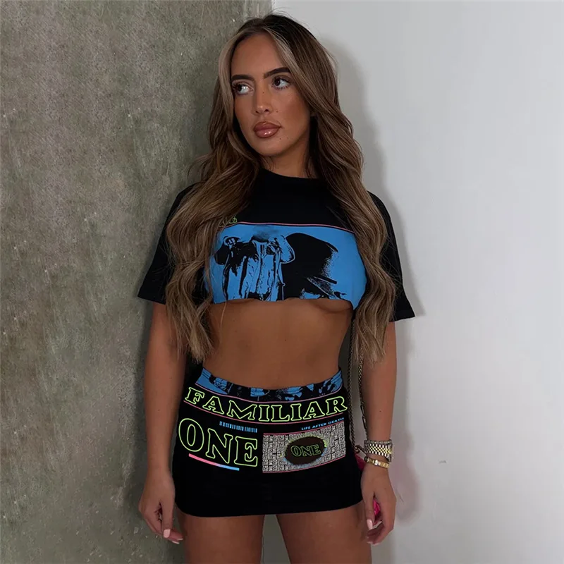 

Y2k Letter Print 2 Piece Set 2023 Summer Women Matching Streetwear Suits O Neck Short Sleeve Crop Top+mini Skirt Sets