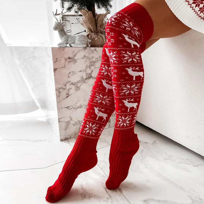 Christmas Knitted Wool Stockings Female Elk Snowflake Jacquard Over-the-knee Pile Socks Home Winter Thermal Floor Stockings