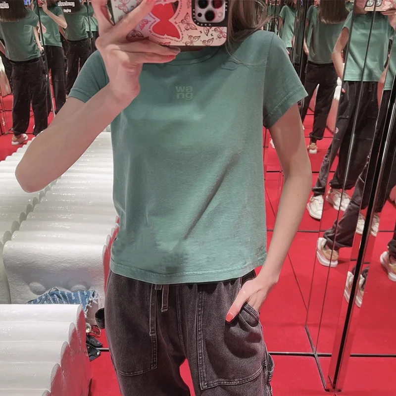 

2023 King Wang summer crewneck top letter college green printed short-sleeved cotton T-shirt woman