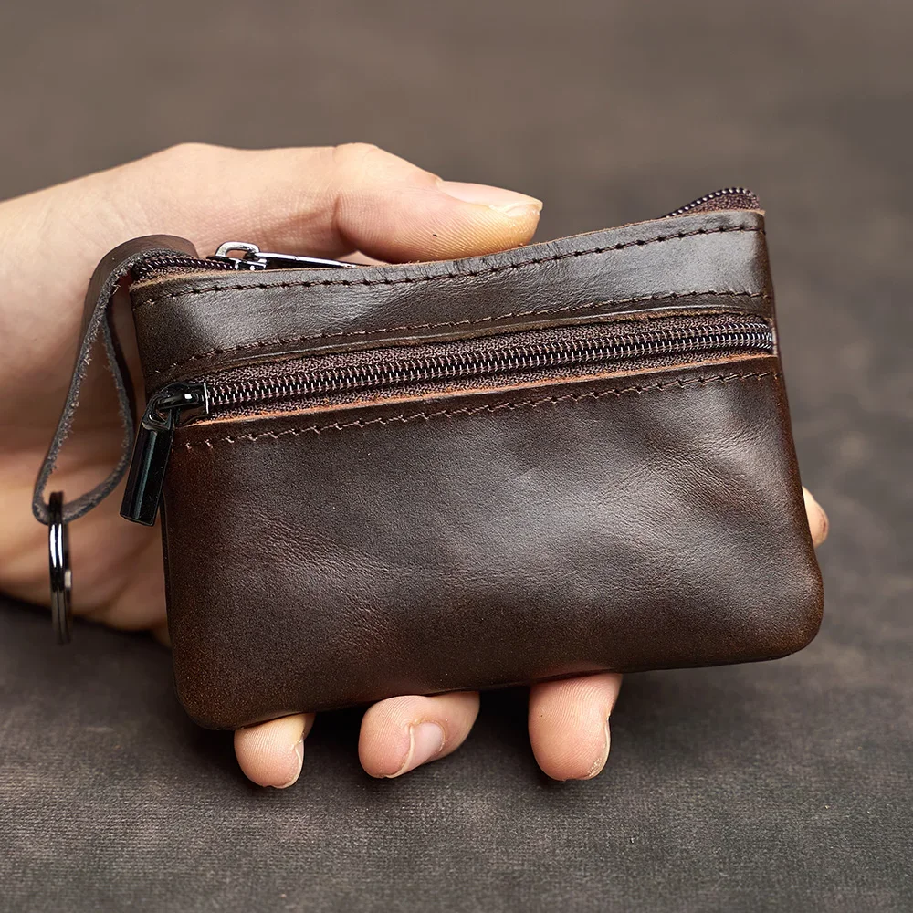 

Short Car Case Cowhide Coin Lady Key Layer Wallet Card Zipper Wallet Mini Key Purse Case Bag Head Leather Handmade Genuine