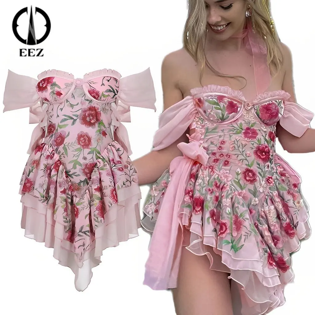 

Frech Romantic Floral Off Shoulder Mini Dress Coquette Chiffon Dress Pink Hollow Out Bandage Ruffle Tulle Sweet Boho Sundress